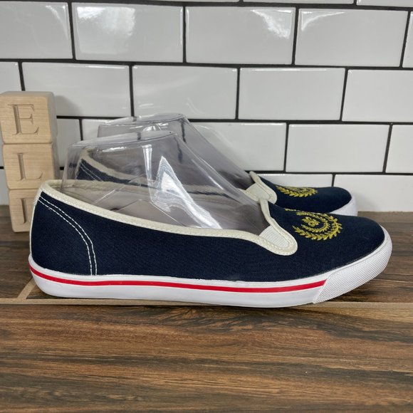 Talbots Women's Size 7.5 Shoes Blue Canvas Gold Crested Slip On Comfort Flats - Picture 3 of 14